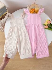 2pcs/Set Sweet Solid Color Casual Versatile Jumpsuits For Young Girls, Featuring Ruffle Strap Decor And Vertical Texture Fabric, Sleeveless, Soft & Comfortable, Suitable For Spring & Autumn, Fits Ages 4Y-7Y - Multicolor - View 3