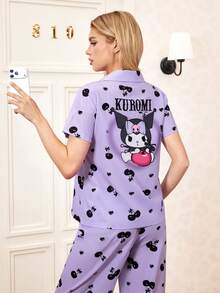 HELLO KITTY AND FRIENDS | SHEIN 女士休闲樱桃印花短袖衬衫长裤睡衣套装，春夏秋季 - 紫色 - 查看 1