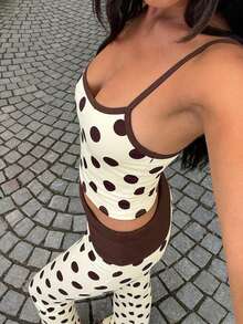 Muchica Bộ đồ hè mới với áo hai dây và quần in họa tiết chấm bi ngựa vằn màu cà phê tương phản, thích hợp cho các buổi đi chơi, tiệc tùng, lễ hội âm nhạc và kỳ nghỉ xuân/hè. - Nhiều màu - Xem 6