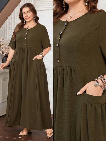 Lacomfia 女士加大码短袖宽松优雅舒适简约口袋连衣裙