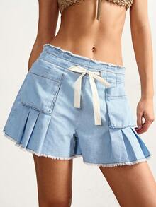 Bohemela 女士时尚休闲毛边系带腰袋牛仔短裤 - 淺色水洗藍 - 查看 1