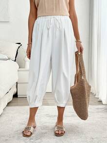 Louniche Calça Casual Solta Feminina, Design de Cintura Elástica e Amarração no Tornozelo, Estilo Relaxado e Versátil de Cor Sólida, Adequada para Uso Diário, Transporte e Uso Doméstico no Verão - Bege - Visão 6
