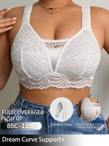 DesireSculpt Plus Size Women Romantic Sheer Lace Wireless Bra - White - View 3