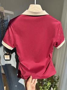 Resyla 镶钻时尚简约翻领修身T恤，送朋友的礼物 - 酒紅色 - 查看 2