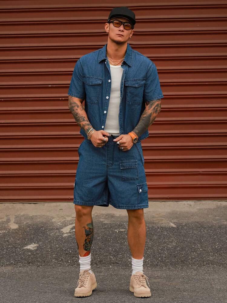 Summer Solid Color Washed Vintage Blue Short Sleeve Denim Suit With Shorts For Men