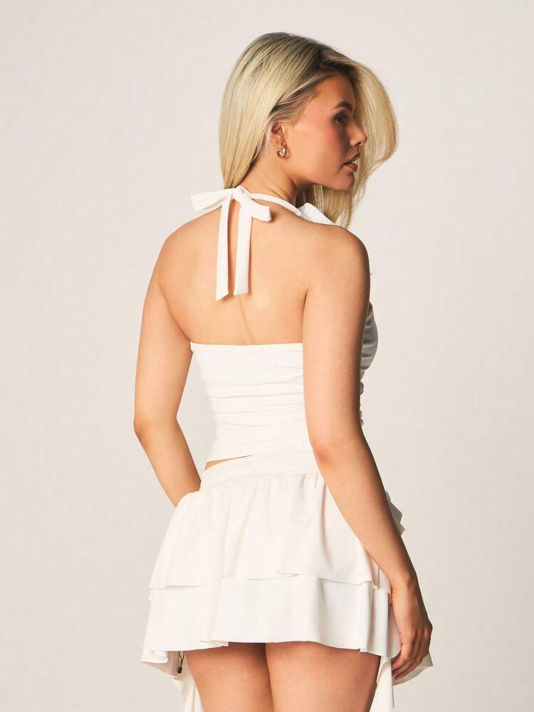 MISSGUIDED Ruffle Halter Plunge Neckline Sleeveless Blouse Tie Back Detail Crop Top