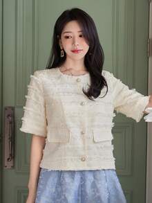 DAZY Women's Elegant Textured Round Neck Faux Pocket Blazer Jacket, Spring/Summer - Beige - View 4