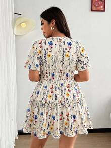 Vionelle Plus Size Women Vacation Chiffon Floral Print Ruffle Sleeve Hem Dress - Multicolor - View 2