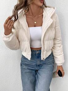 Easowa Áo khoác ngắn nữ kiểu dáng thường ngày, chất liệu nhung kẻ, có lớp lót, thích hợp cho mùa đông. - Màu be - Xem 3