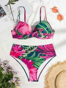 Swim Lushoire 女士印花比基尼套装，适合春夏度假泳装，热带风情两件套泳衣，沙滩装，聚拢型娇小泳装，热带风情两件套泳衣 - 彩色 - 查看 7