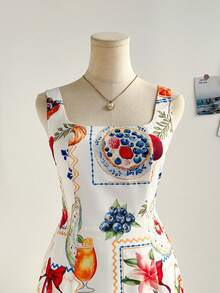 Soleia 女士休闲水果印花无袖中长连衣裙，适合度假穿着 - 彩色 - 查看 3