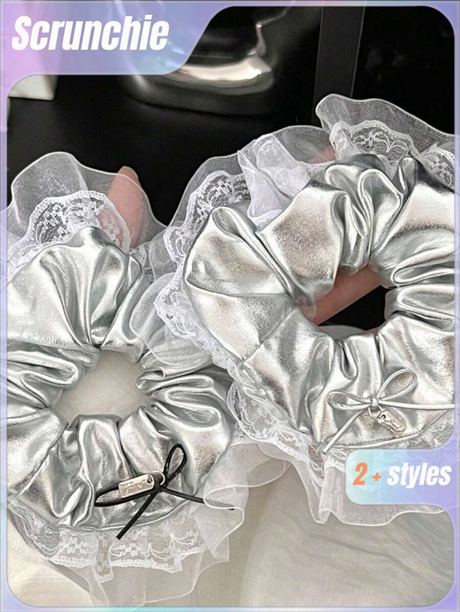 1Pc Sweet & Cool Silver Leather Bow Scrunchie | Niche High-End Elegant Hair Tie For Ponytail - Silver - View 1
