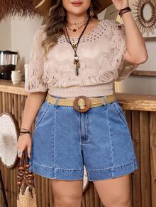 EMERY ROSE Plus Size Women's Casual Daily Commute Versatile Mid-Blue Washed Denim Loose Shorts With Side Pockets, Summer - Medium Wash - View 6