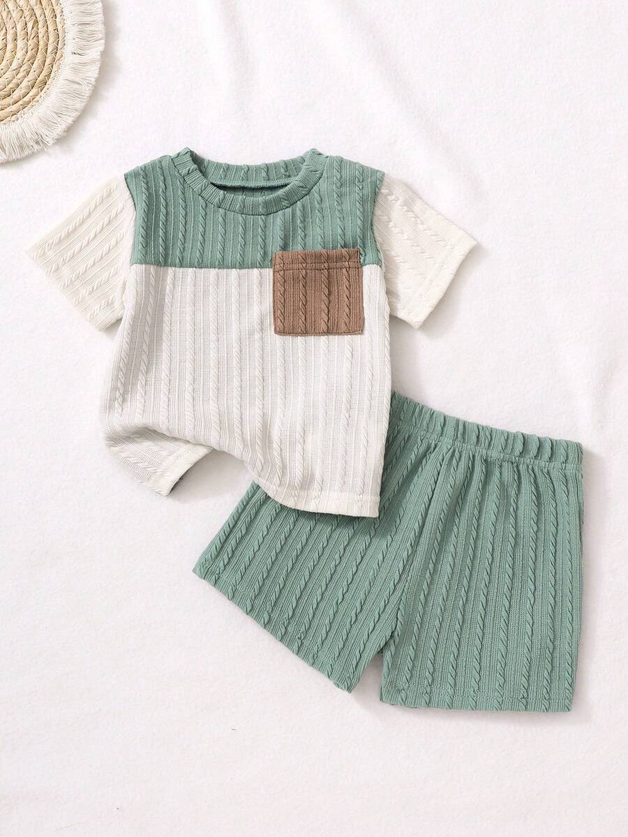 SHEIN Vintaside Kids 2pcs Baby/Baby Boy Ribbed Contrast Color Top And Blue Pants Set, All-Match Casual Comfortable Versatile Outfit For Summer - Green - View 1
