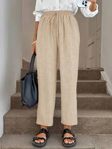 Easowa 纯色斜插口袋松紧腰休闲锥形裤 - 卡其色 - 查看 4