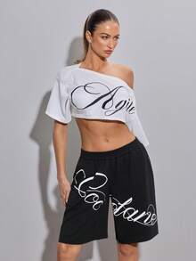 SHEIN ICON Loose Fit English Print Women Shorts - Black - View 6