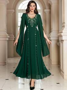 Layrah 手工双层雪纺连衣裙，饰有水钻珍珠，橄榄绿阿拉伯风格连衣裙 - 墨綠色 - 查看 7