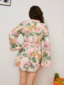 Young Plant & Leopard Pattern Bubble Crinkle Women Robe - Multicolor - View 2