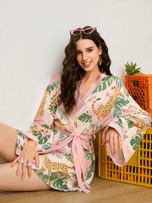 Young Plant & Leopard Pattern Bubble Crinkle Women Robe - Multicolor - View 4