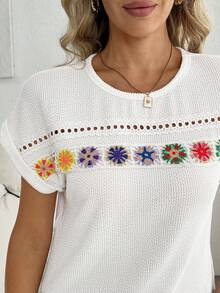 Louniche Bohemian White Knit Blouse Women, Colorful Crochet Hollow Lace Batwing Sleeve, Loose Flattering, Vacation Style Casual T-Shirt - White - View 4