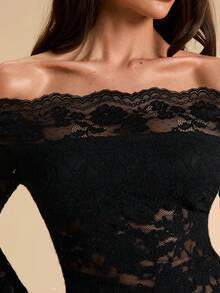 SHEIN BAE 1pc Women's Sexy Off-Shoulder Lace Long Sleeve Bodysuit, Tight-Fitting Lace Sheer Bodysuit, Ladies Top, Off-Shoulder Lace Bodysuit - Black - View 6