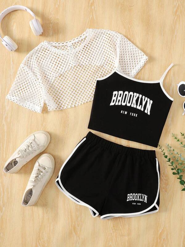 SHEIN Teen Girl 3-Piece Set: Solid Color Hollow Out Round Neck Short Sleeve T-Shirt, Letter Print Camisole, And Shorts, Casual