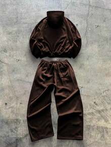 AXEPEAK 男士休闲时尚街头宽松落肩连帽衫和阔腿运动裤套装，春秋季 - 棕色 - 查看 2