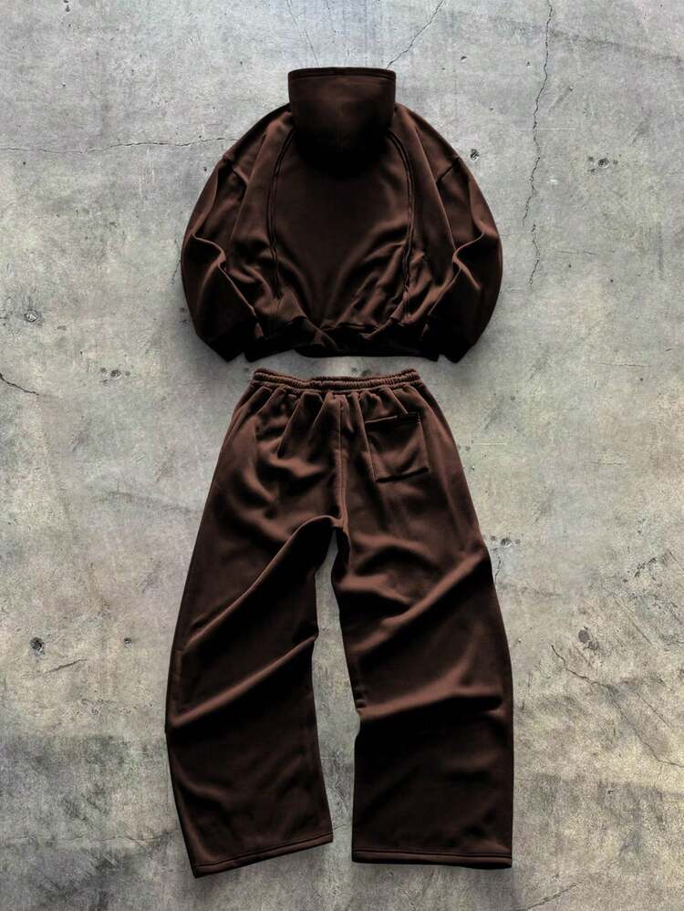 AXEPEAK Men's Casual Fashion Street Loose Fit Drop Shoulder Hoodie And Wide Leg Sweatpants Set, Spring/Autumn - Brown - View 2
