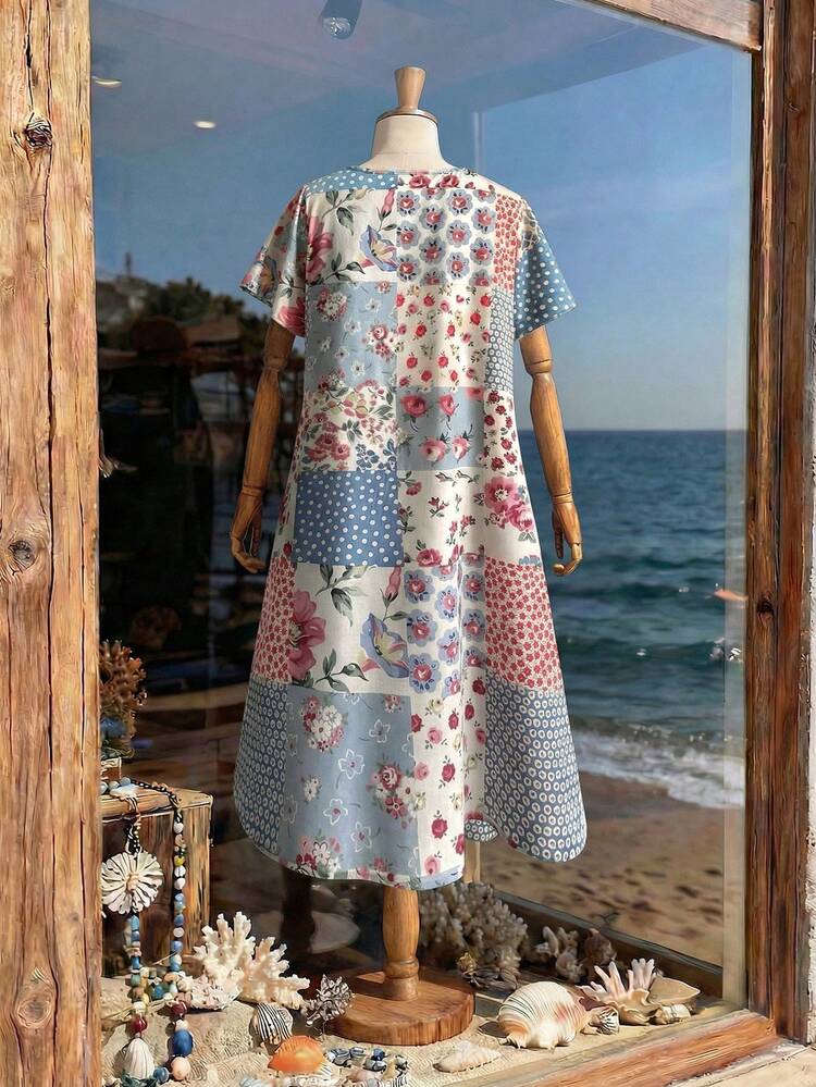 Plus Size Floral Patchwork Print Casual Vacation Dress\Summer  Summer Dress  Summer Outfits Summer Clothes Spring Dress Spring Outfit Women Spring Clothing Country Style For Women Country Dress For Women Beach Dresses  Beach Outfits For Women  Beach Vacation Outfits For Women Seaside Retro Mannequin Window Display