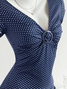 Elamini 女士深V领褶皱装饰纽扣波点针织T恤 - 藏蓝色 - 查看 3