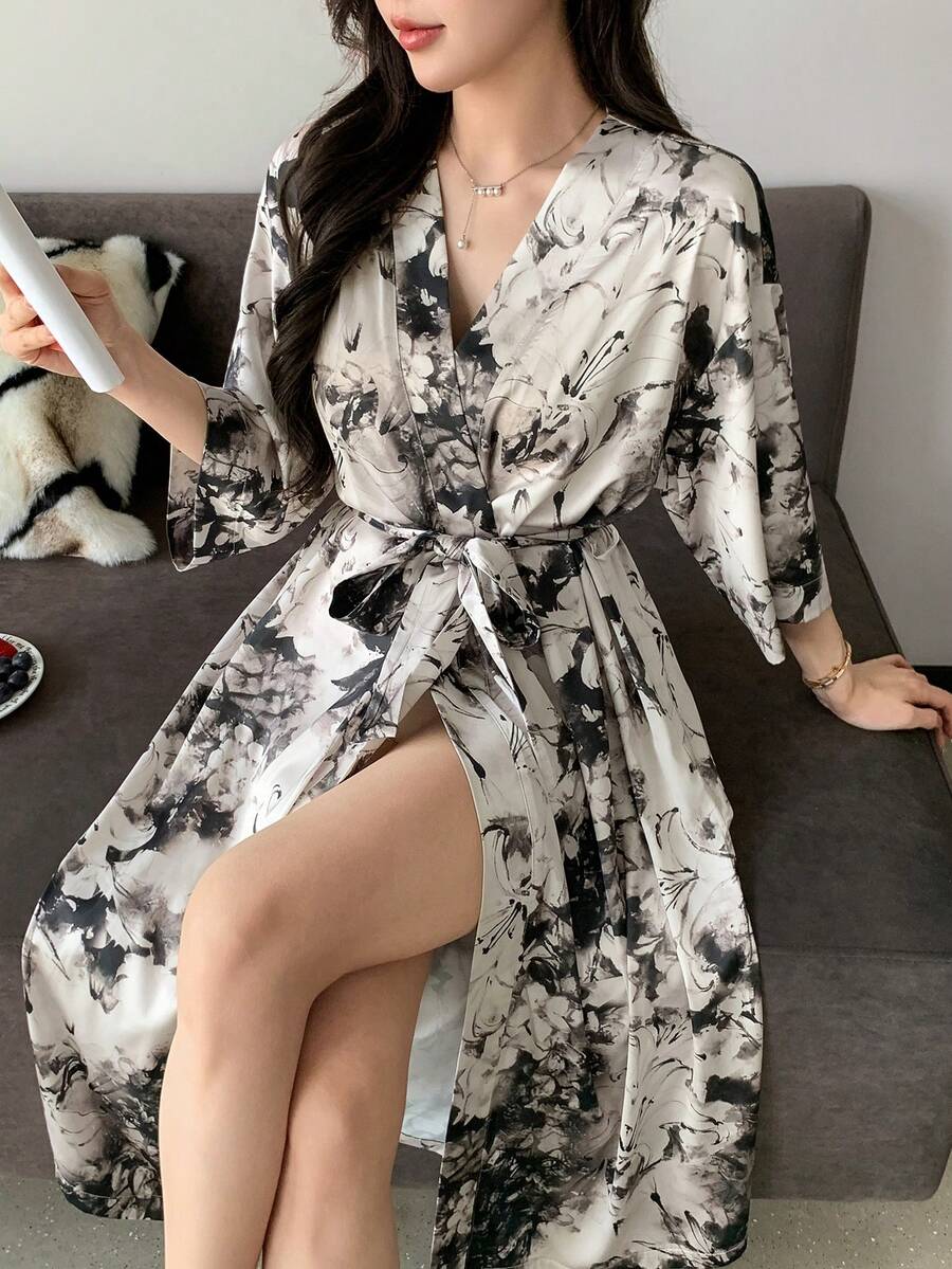 DAZY Floral Allover Print Satin Robe For Women - Black - View 1