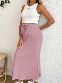 SHEIN Maternity Tank Top And Adjustable Waist Drawstring Fitted Skirt 2 Pieces Set - Baby Pink - View 3