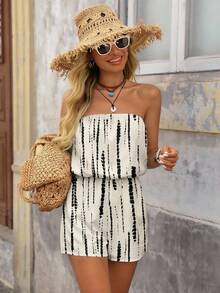 Brillora 杏色扎染度假波西米亚风优雅浪漫复古印花抹胸上衣短裤连体裤女装 – 沙滩度假装春夏简约旅行穿搭 - 白色 - 查看 3