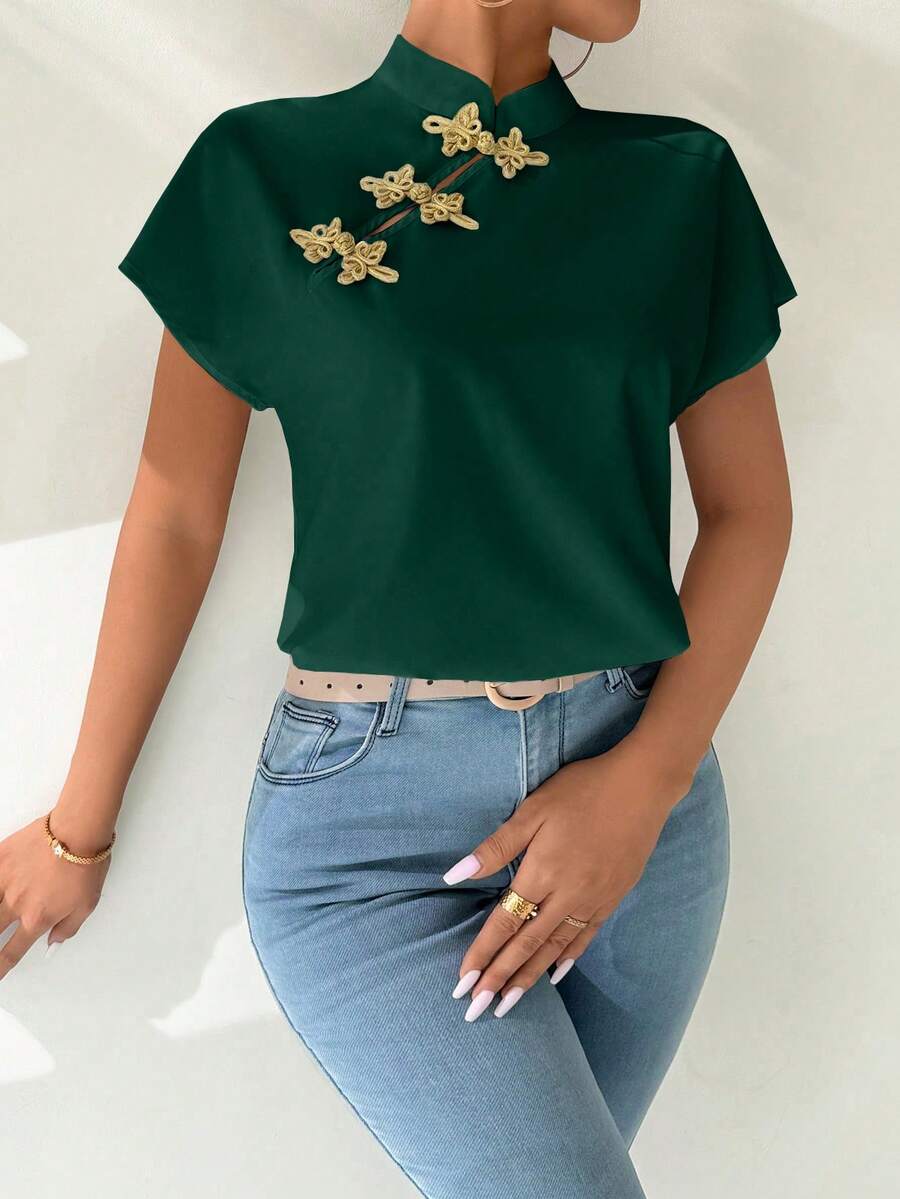 Chiquease Women's Chinese Button Short Sleeve Blouse For New Year Clothes - Dark Green - View 1