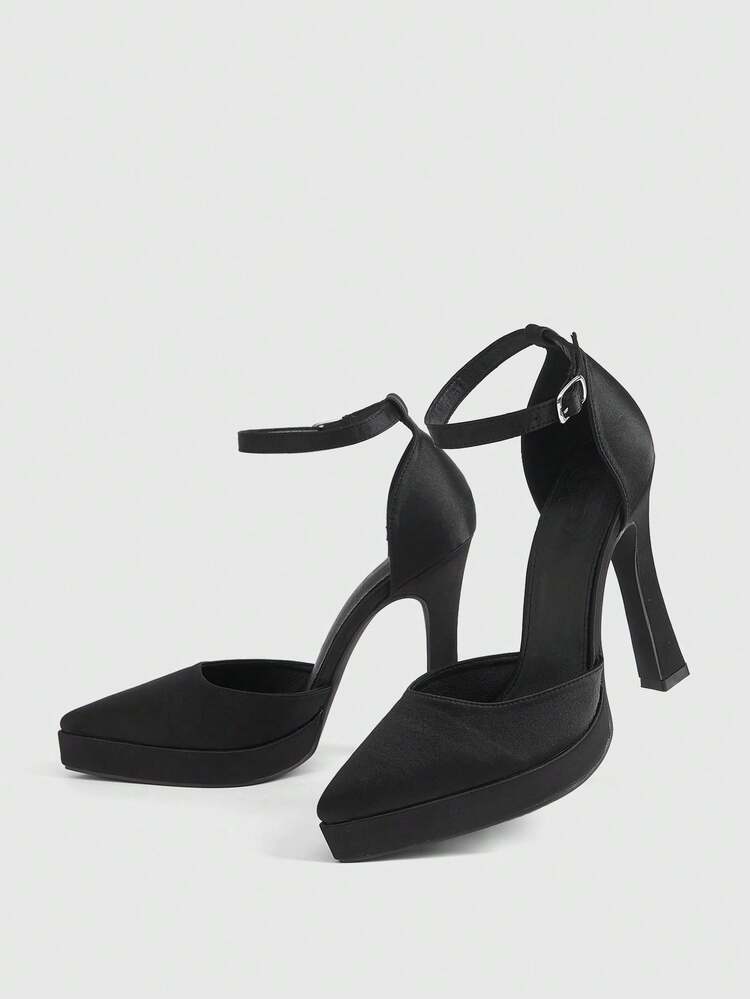 CUCCOO LuxiPop Women Shoes Women's Pointed Thick High-Heeled Satin Fabric Is Stylish, Simple, Breathable And Comfortable, Buckle For Daily Parties, Weddings And Banquets, Hollow Solid Color Shoes