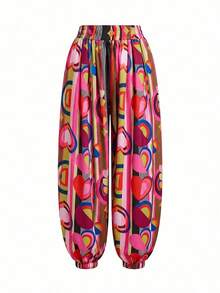 LOTSLUV Women's Valentine's Day, Heart Abstract Placement Print, Elastic Waist Ruched Balloon Leg Print Pants - Multicolor - View 3