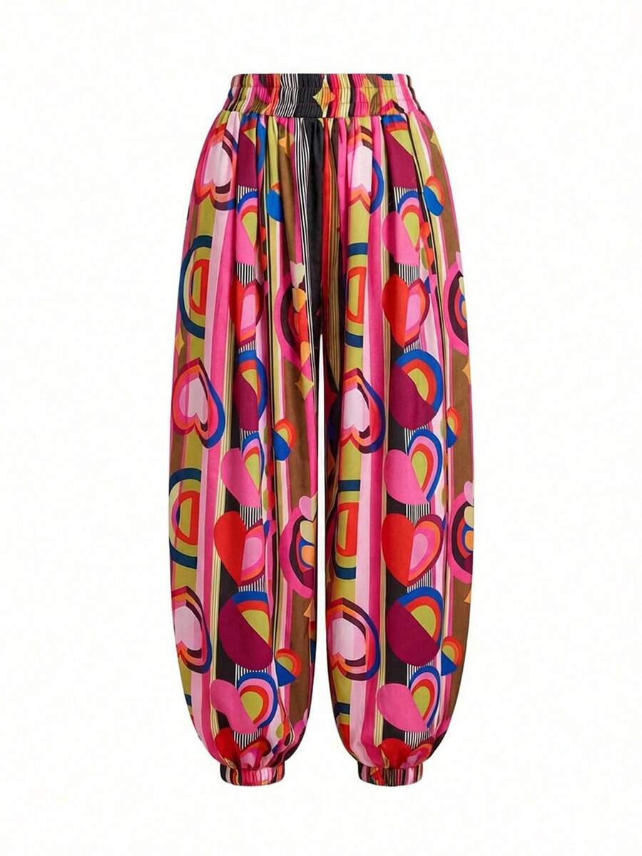 LOTSLUV Women's Valentine's Day, Heart Abstract Placement Print, Elastic Waist Ruched Balloon Leg Print Pants - Multicolor - View 1