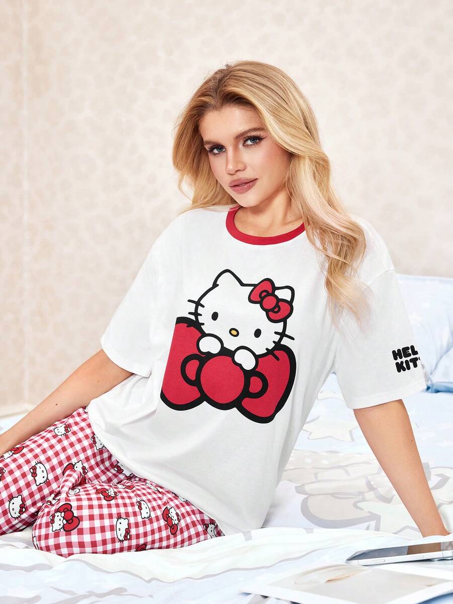 HELLO KITTY AND FRIENDS | SHEIN 女士可爱蝴蝶结卡通图案短袖T恤和格子长裤睡衣套装，春夏秋季 - 白色 - 查看 1