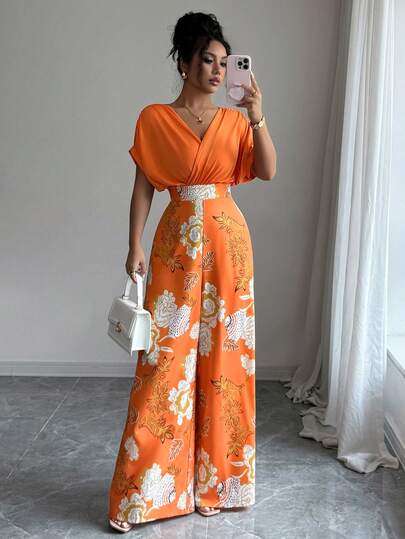 Elenzga Women's V-Neck Loose Pleated Cinched Waist Printed Wide Leg Jumpsuit