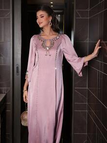Layrah Handmade Rhinestone Embellished Pink Robe/Robe Pink Silk Dress Formal Elegant Party Uxury Evening Dresses Wedding Party Dress - Pink - View 8