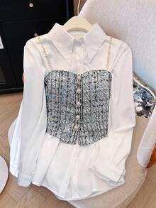 GlowEve Women's Solid Color Long Sleeve Button-Up Shirt And Plaid Camisole Casual 2-Piece Set - Black and White - View 3