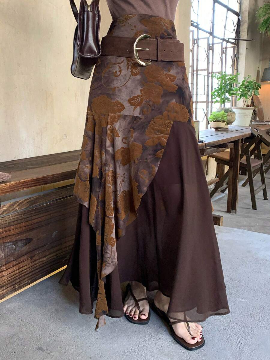 DAZY Women's Western Style Patchwork Skirt - Brown - View 1