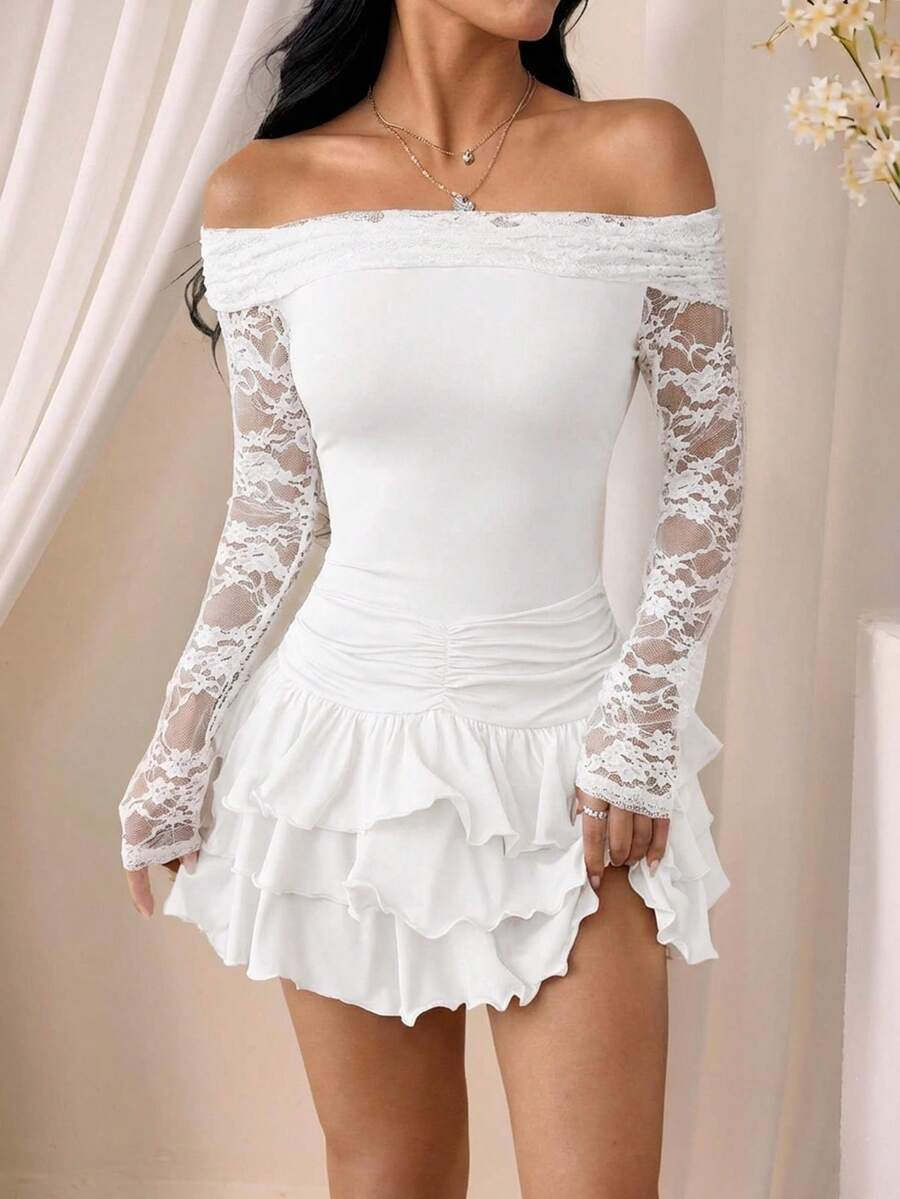 SHEIN EZwear Đầm nữ thanh lịch phối ren, trễ vai, xếp ly eo, vạt xếp lớp, màu trắng, thích hợp cho các buổi hẹn hò và tiệc tùng mùa xuân/hè. - trắng - Xem 1