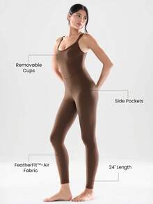 GLOWMODE 24英寸 FeatherFit™-Air 舒适透气连体衣，如黄油般柔软弹力，吸汗透气，可拆卸胸垫，侧边口袋，露背设计，适合低强度瑜伽、健身房、日常休闲穿着。 - 棕色 - 查看 2