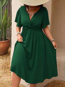 SHEIN Clasi Đầm midi dáng chữ A cổ chữ V, chất liệu dệt kim họa tiết, xếp ly, xoắn eo, kiểu dây xích dành cho nữ cỡ lớn mùa xuân/hè. - màu xanh lá - Xem 7