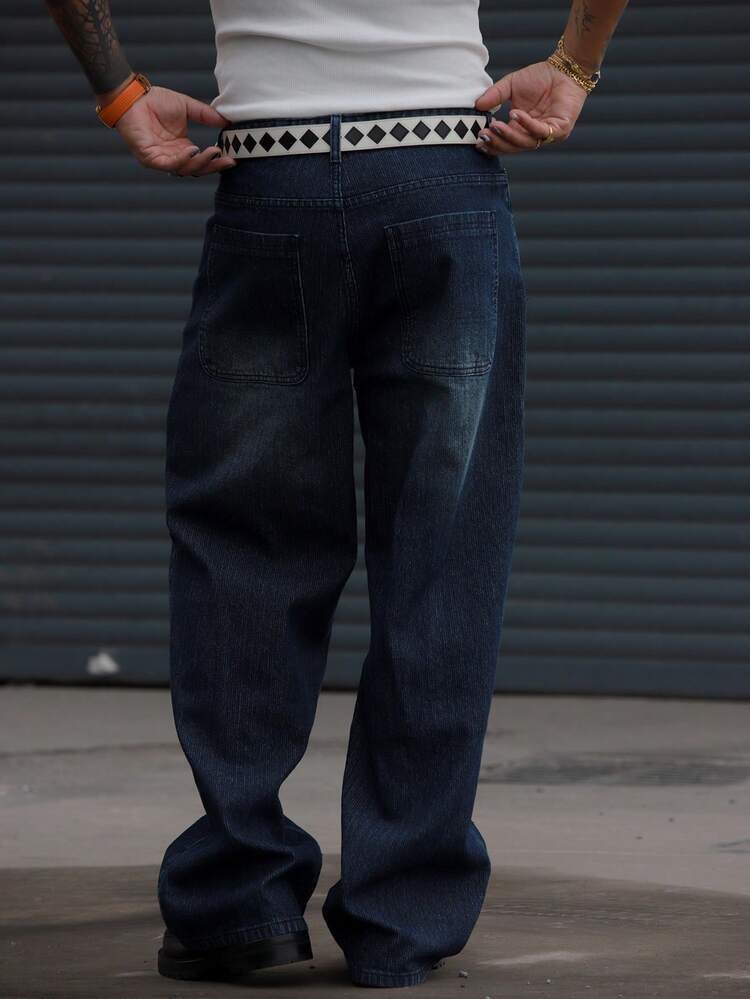 Spring Striped Textured Fabric Navy Blue Elastic Waist Men's Jeans