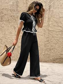 SHEIN Frenchy 女士波浪纹缎带系带泡泡袖衬衫和裤子休闲两件套 - 黑色 - 查看 6