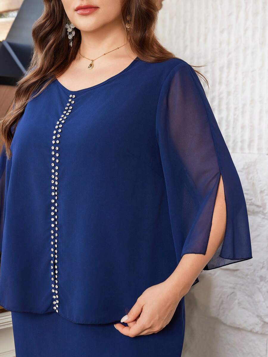 Lacomfia Robe élégante à col rond, manches 3/4 en mousseline de soie avec décoration de strass, grande taille, convient pour toutes les occasions au printemps et en été - Bleu marine - Voir 1