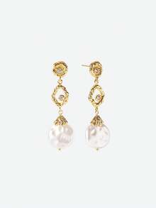 Opalesca Pendientes de aro con textura martillada, cuentas de vidrio vintage irregulares chapados en oro de 14K, accesorios para bodas y novias, estilo fairycore/hada, perla, para mamá/mujer/niña, elegante, premium, con flores, cristales, oro, Pascua, viaje/playa/vacaciones, bohemio - Dorado - Ver 5