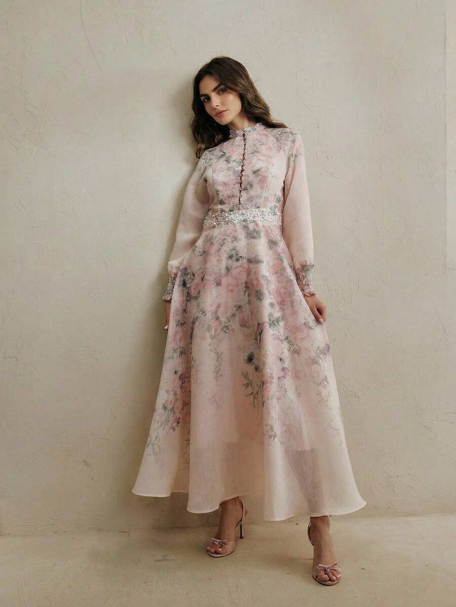 Anewsta Đầm dài tay cổ tàu in họa tiết hoa ombre thanh lịch, điểm nhấn ngọc trai ở cổ tay dành cho nữ. - Hồng - Xem 1